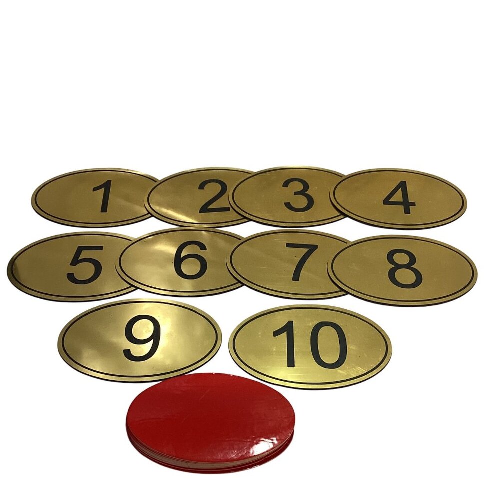 1 - 10 Gold Toned Numbered Oval Plates Adhesive Back 20pcs 3.25"x2" New
